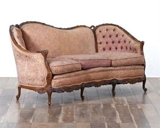 Carved Victorian Sloped & Tufted Back Pink Sofa