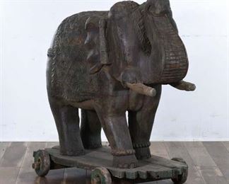 Large Antique Carved Teak Rustic Elephant 