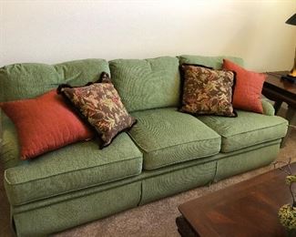 Beautiful cloth sofa with accent pillows $300.00  No stains or tears.  This sofa is in excellent condition! Measurements: 84"L X 30"D X 9"H