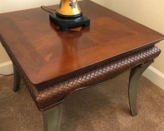 Gorgeous wood inlay coffee table/side table set with cast metal legs(perfect condition) continued...Side table dimensions 28X28X24H