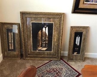 Three piece art set $150.00.  Large picture dimensions: 31 x 39.5.  Small picture dimensions: 42 x 29