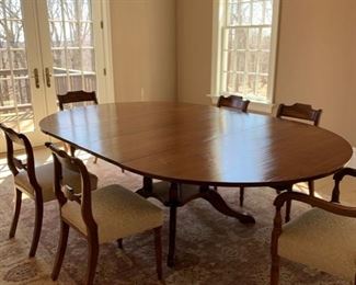 stunning dining table.  Sturdy.  96” long with two 18” leaves (each leaf).  Shrinks to 60” round      Reduced from $750. To $675