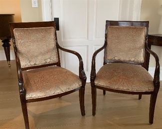 Pair of stunningEnglish side  chairs with beautiful silk fabric.  $300 for the pair.  Your welcome!!!   Please.  These are amazing 
