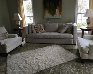 Cherie sofa, Small snag on front left, $499.00 , rug Restoration Hardware area rug, 10' x 14'(green & cream) all wool $399.99 White shag rug $159.00