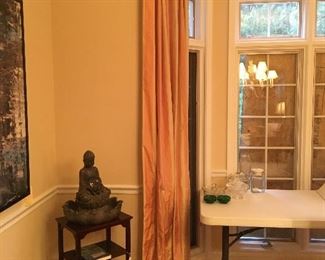 Custom silk panels  100" x 1 width  ( Qty 3 pr)  $99.00 per pair, Four shelf stand, $49.00  16"w x 12"d   Buddha statue, $39.00  2pc Stand & Buddha sold