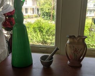 LOT 41 green vase $84, mortar and pestal $20, hull pottery $55