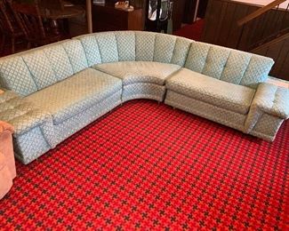 Now $385! $550. Amazing; 1950's curved sectional in a beautiful shade of light aqua blue with little flecks of sparkle. In very good condition! Some minor staining only on the lower back of the couch. No stains on the front of the sofa. 