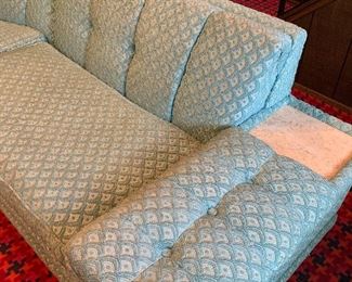 Now $385!  Amazing; 1950's curved sectional in a beautiful shade of light aqua blue with little flecks of sparkle. In very good condition! Some minor staining only on the lower back of the couch. No stains on the front of the sofa. 