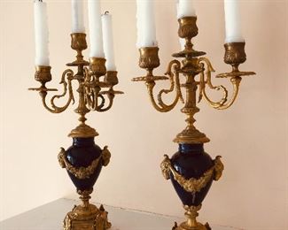 French 19th Century Victorian Cobalt Blue and Brass Candelabra 15" (4 lite)