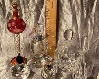 6PC PERFUME BOTTLE - DECANTERS - VERY PRETTY - CRYSTAL AND GLASS  $90