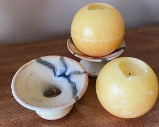 2 POTTERY CANDLE HOLDERS AND CANDLES $8