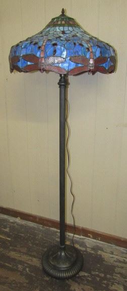 Approx. 70" Tall Large Tiffany Style Floor Lamp w/Dragon Flies on Shade - Price $425.00 - See Next Photo For Close Up Of Shade