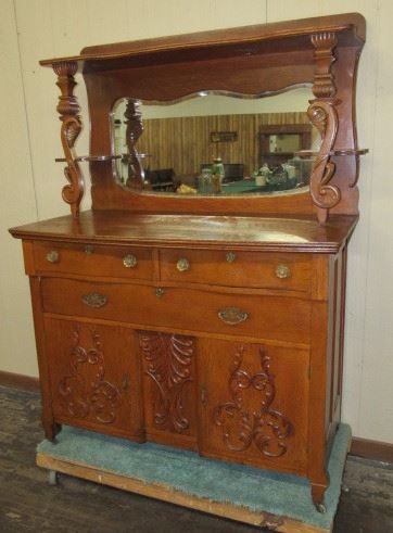 Fancy Oak Sideboard w/Carvings, Mirror, & Candle Shelves - Price $375.00