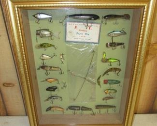 Display w/24 Vintage Fishing Lures - Price $125.00    See Next Photo For Close Up Of Lures