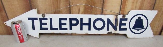 Antique 35" Porcelain Double Sided Telephone Arrow Sign - Price $225.00  - See Next Photo For Other Side Of Sign