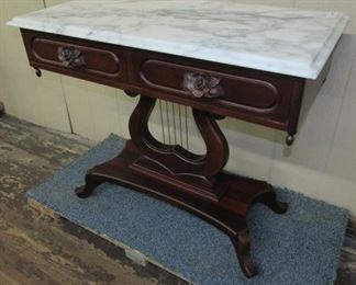 Mahogany Double Drawer Marble Top Table w/Harp Pedestal - Price $275.00
