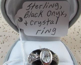 Sterling, Black Onyx, & Crystal Ring - Price $35.00