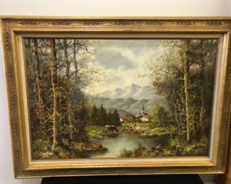 $75 This frame measures 32 x 44 it is oil on canvas. It is in nice condition refer to next picture for artist signature. 