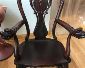 $ 1000 Up for sale is an antique mahogany Stickley hand carved Dragon head rocking chair.
The rocking chair is in nice condition there was a break to one of the arms which was professionally repaired and he disassembled the rocking chair and re-glued all the joints.
This piece still contains the original Stickley and Brandt label underneath the seat as pictured.
The rocking chair measures 41 inches from the floor to the top of the back, the seat measures 19 inches deep, from front to back it measures 21 inches, across the middle of the seat the arms measure 17 inches long.
As pictured this is a very nice piece we are firm on the price.