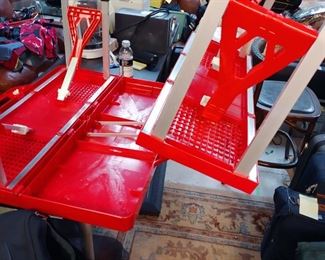 Red Plastic Portable Picnic Table with Attached Seats  Continued