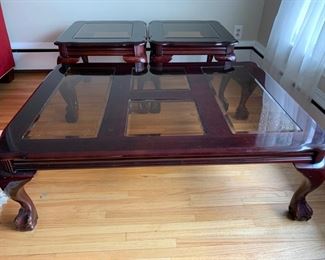 NOW $45! --$125-Set of three matching tables; glass top coffee table and pair of end tables. The coffee bales has four panels of glass and measures approx. 48"x35" by 15" high and the end tables measures 26x23" x19" tall. Light scratching on the glass  and some scratching on some the legs. Overall, in very good condition. 