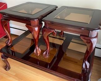 NOW $45! --$125- Set of three matching tables; glass top coffee table and pair of end tables. The coffee bales has four panels of glass and measures approx. 48"x35" by 15" high and the end tables measures 26x23" x19" tall. Light scratching on the glass  and some scratching on some the legs. Overall, in very good condition. 