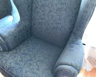 Now $25!  --$45-Pair of upholstered high-back chairs in two tones of blue with a leaf pattern design and claw feet. One of the chairs is in poor condition and one is in very good condition. (poor condition chair has a stain on the seat and broken springs in the back) Price is basically, buy one and get the one that needs repair. Chairs each measure 34" arm to arm, seats measure 27"w x 19.5" and the back is 29" tall.