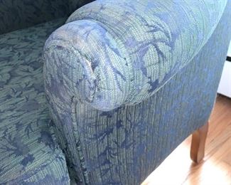 Now $25!  $45-Pair of upholstered high-back chairs in two tones of blue with a leaf pattern design and claw feet. One of the chairs is in poor condition and one is in very good condition. (poor condition chair has a stain on the seat and broken springs in the back) Price is basically, buy one and get the one that needs repair. Chairs each measure 34" arm to arm, seats measure 27"w x 19.5" and the back is 29" tall.