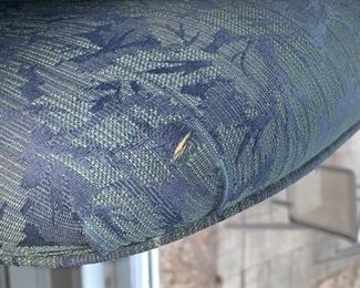 Now $25!  $45-Pair of upholstered high-back chairs in two tones of blue with a leaf pattern design and claw feet. One of the chairs is in poor condition and one is in very good condition. (poor condition chair has a stain on the seat and broken springs in the back) Price is basically, buy one and get the one that needs repair. Chairs each measure 34" arm to arm, seats measure 27"w x 19.5" and the back is 29" tall.