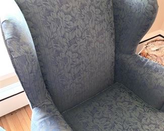 Now $25!  $45-Pair of upholstered high-back chairs in two tones of blue with a leaf pattern design and claw feet. One of the chairs is in poor condition and one is in very good condition. (poor condition chair has a stain on the seat and broken springs in the back) Price is basically, buy one and get the one that needs repair. Chairs each measure 34" arm to arm, seats measure 27"w x 19.5" and the back is 29" tall.