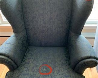 Now $25!  $45-Pair of upholstered high-back chairs in two tones of blue with a leaf pattern design and claw feet. One of the chairs is in poor condition and one is in very good condition. (poor condition chair has a stain on the seat and broken springs in the back) Price is basically, buy one and get the one that needs repair. Chairs each measure 34" arm to arm, seats measure 27"w x 19.5" and the back is 29" tall.