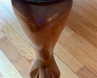 Now $25!  $45-Pair of upholstered high-back chairs in two tones of blue with a leaf pattern design and claw feet. One of the chairs is in poor condition and one is in very good condition. (poor condition chair has a stain on the seat and broken springs in the back) Price is basically, buy one and get the one that needs repair. Chairs each measure 34" arm to arm, seats measure 27"w x 19.5" and the back is 29" tall.