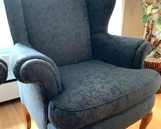 Now $25!  $45-Pair of upholstered high-back chairs in two tones of blue with a leaf pattern design and claw feet. One of the chairs is in poor condition and one is in very good condition. (poor condition chair has a stain on the seat and broken springs in the back) Price is basically, buy one and get the one that needs repair. Chairs each measure 34" arm to arm, seats measure 27"w x 19.5" and the back is 29" tall.
