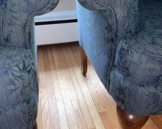 Now $25!  $45-Pair of upholstered high-back chairs in two tones of blue with a leaf pattern design and claw feet. One of the chairs is in poor condition and one is in very good condition. (poor condition chair has a stain on the seat and broken springs in the back) Price is basically, buy one and get the one that needs repair. Chairs each measure 34" arm to arm, seats measure 27"w x 19.5" and the back is 29" tall.