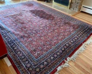 SOLD-  Large beautiful area rug. It does have one larger dark spot that appears when it was professionally cleaned, they may have concentrated too hard on that area. Please see all the photos. Price reflective of this issue. Approx 14.5lx8.25wide not including the 4" of fringe