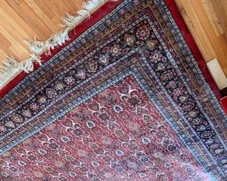 SOLD-Large beautiful area rug. It does have one larger dark spot that appears when it was professionally cleaned, they may have concentrated too hard on that area. Please see all the photos. Price reflective of this issue. Approx 14.5lx8.25wide not including the 4" of fringe
