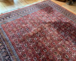 SOLD- Large beautiful area rug. It does have one larger dark spot that appears when it was professionally cleaned, they may have concentrated too hard on that area. Please see all the photos. Price reflective of this issue. Approx 14.5lx8.25wide not including the 4" of fringe