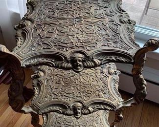 Now $50- $85 -Metal three-tiered plant stand/accent piece with figural and beautiful accents. Approximately 13.5"square on the top and 31.25" tall. Held together by screws and needs a little tightening. 