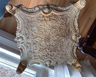 Now $50- $85 -Metal three-tiered plant stand/accent piece with figural and beautiful accents. Approximately 13.5"square on the top and 31.25" tall. Held together by screws and needs a little tightening. 