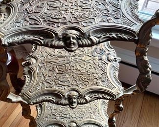 Now $50-$85 -Metal three-tiered plant stand/accent piece with figural and beautiful accents. Approximately 13.5"square on the top and 31.25" tall. Held together by screws and needs a little tightening. 