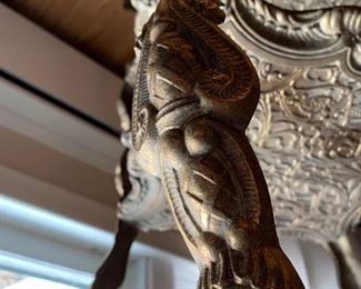 Now $50- $85 -Metal three-tiered plant stand/accent piece with figural and beautiful accents. Approximately 13.5"square on the top and 31.25" tall. Held together by screws and needs a little tightening. 