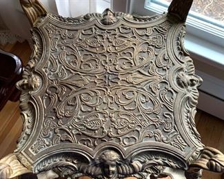 Now $50- $85 -Metal three-tiered plant stand/accent piece with figural and beautiful accents. Approximately 13.5"square on the top and 31.25" tall. Held together by screws and needs a little tightening. 