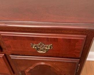 $100 Buffet Server. No scratches on top. 5 drawer storage with two cabinets doors for additional storage. Forgot to measure this one- sorry.