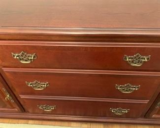 $100-Buffet Server. No scratches on top. 5 drawer storage with two cabinets doors for additional storage. Forgot to measure this one- sorry.