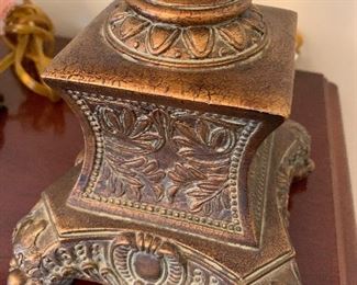 $50-Pair of beautiful decorative lamps with gold/bronze accents and light sage green shades. about 18" tall with the shades measuring approximately 11.75"x9.5"