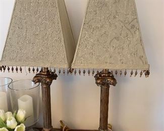 $50 -Pair of beautiful decorative lamps with gold/bronze accents and light sage green shades. about 18" tall with the shades measuring approximately 11.75"x9.5"