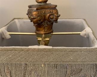 $50-Pair of beautiful decorative lamps with gold/bronze accents and light sage green shades. about 18" tall with the shades measuring approximately 11.75"x9.5"