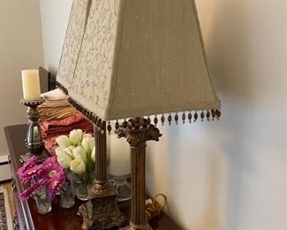 $50-Pair of beautiful decorative lamps with gold/bronze accents and light sage green shades. about 18" tall with the shades measuring approximately 11.75"x9.5"