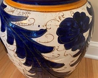 $24- Italian Pottery Vase- in hues of blue and yellow. 18" tall with the mouth measures 8.5" across. Some very minor chipping on the mouth. 