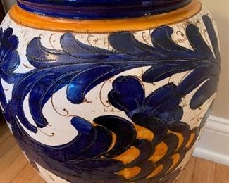 $24- Italian Pottery Vase- in hues of blue and yellow. 18" tall with the mouth measures 8.5" across. Some very minor chipping on the mouth. 